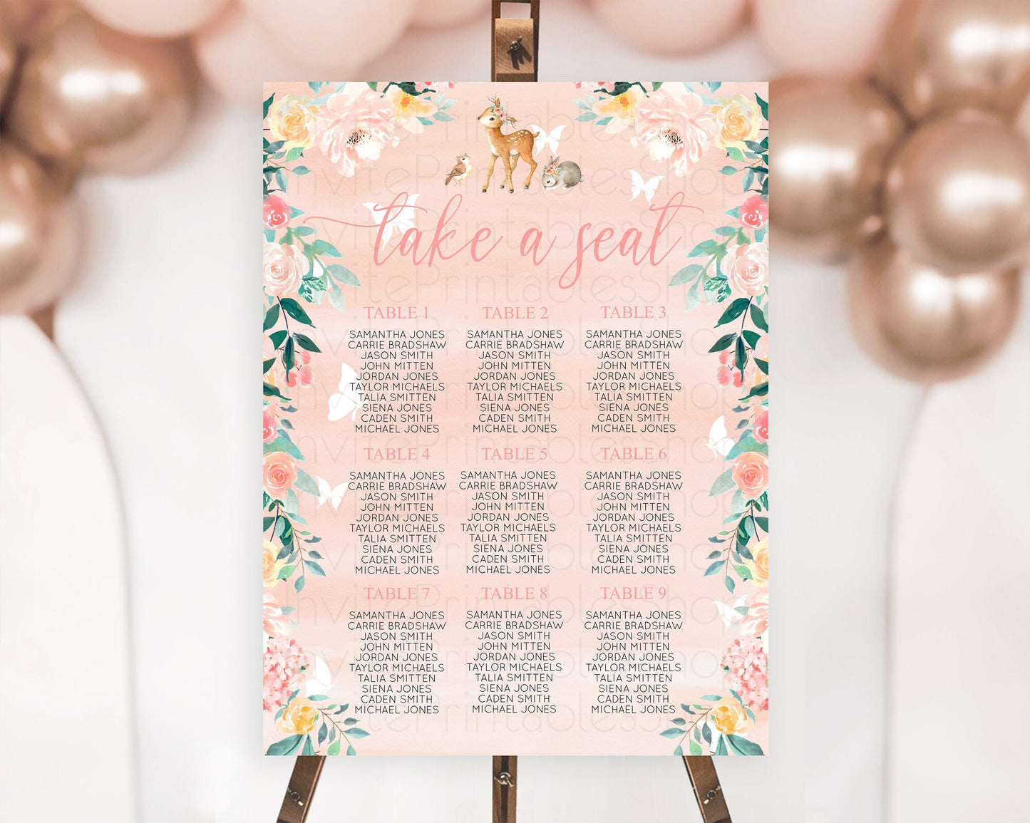 Fawn Seating Chart Deer Seating Chart Enchanted Forest Party Butterfly Pastel Flowers Whimsical Seating Chart Woodland Seating Sign D10921