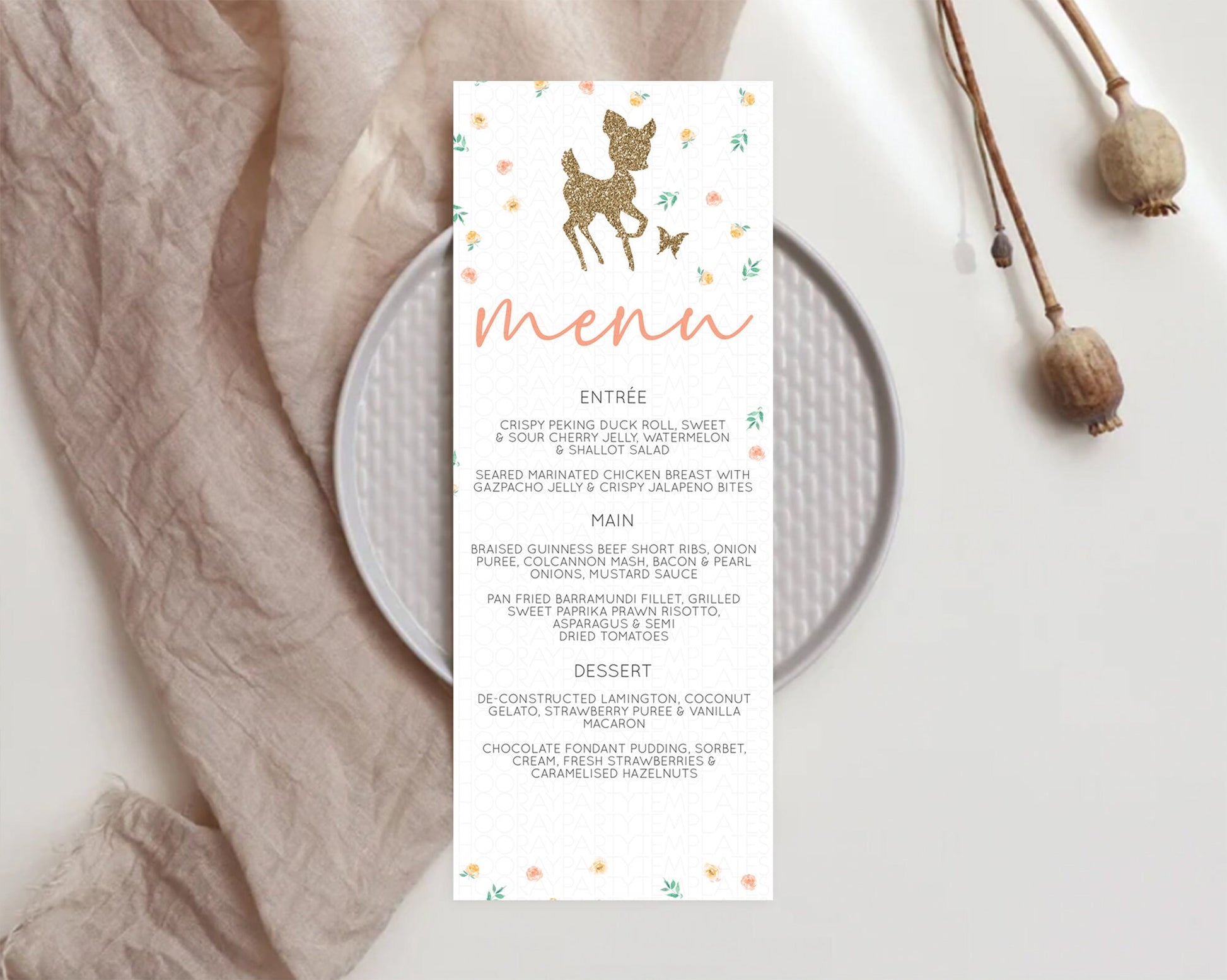 Editable Fawn Menu Deer Menu Template Pastel Floral Deer Table Decor Enchant