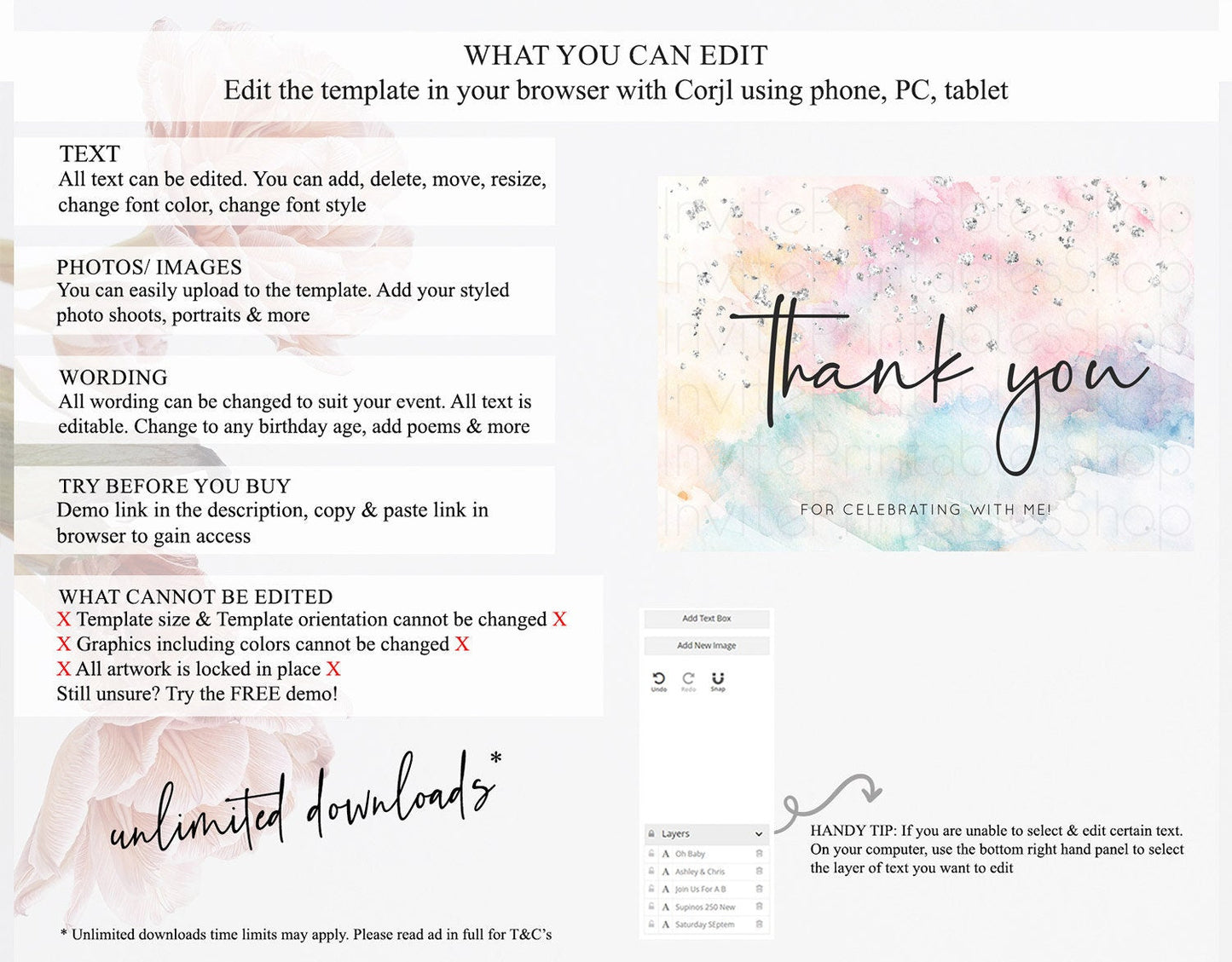 Pastel Thank You Rainbow Thank You Card Colorful Pastel Birthday Thank You Card Silver Watercolor Pastel Teacher Thank You Cards D10945