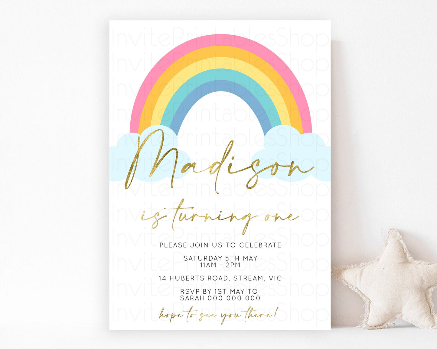 Rainbow Birthday Invitation Colorful Pastel Invitation Heart Rainbow Invite Watercolor Pink Blue Yellow Clouds 1st 2nd 3rd Birthday 190