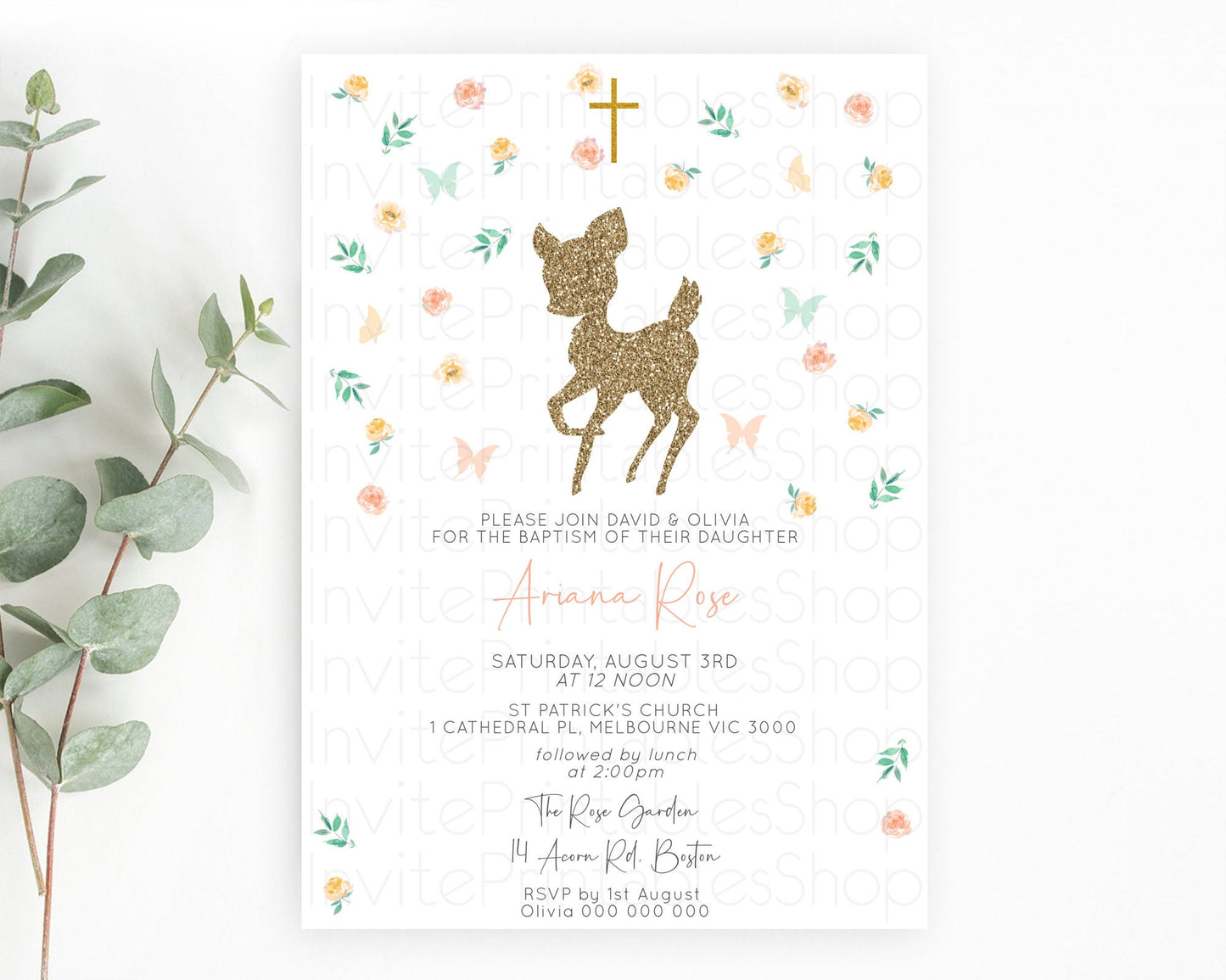 Fawn Baptism Invitation Deer Baptism 1st Birthday Invitation Enchanted Forest Christening Invitation Pastel Garden Butterfly Floral D10355