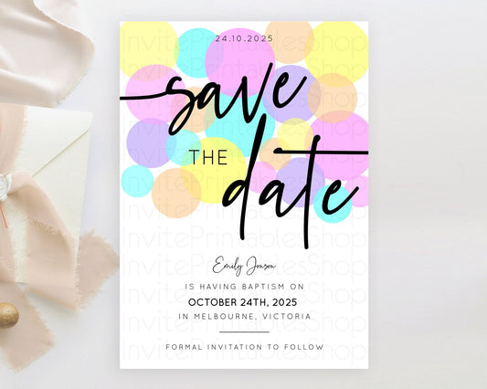 Pastel Confetti Save The Date Template Rainbow Colorful Sprinkles Party For 1st Birthday Baptism Baby Shower Wedding Bridal Shower D10407