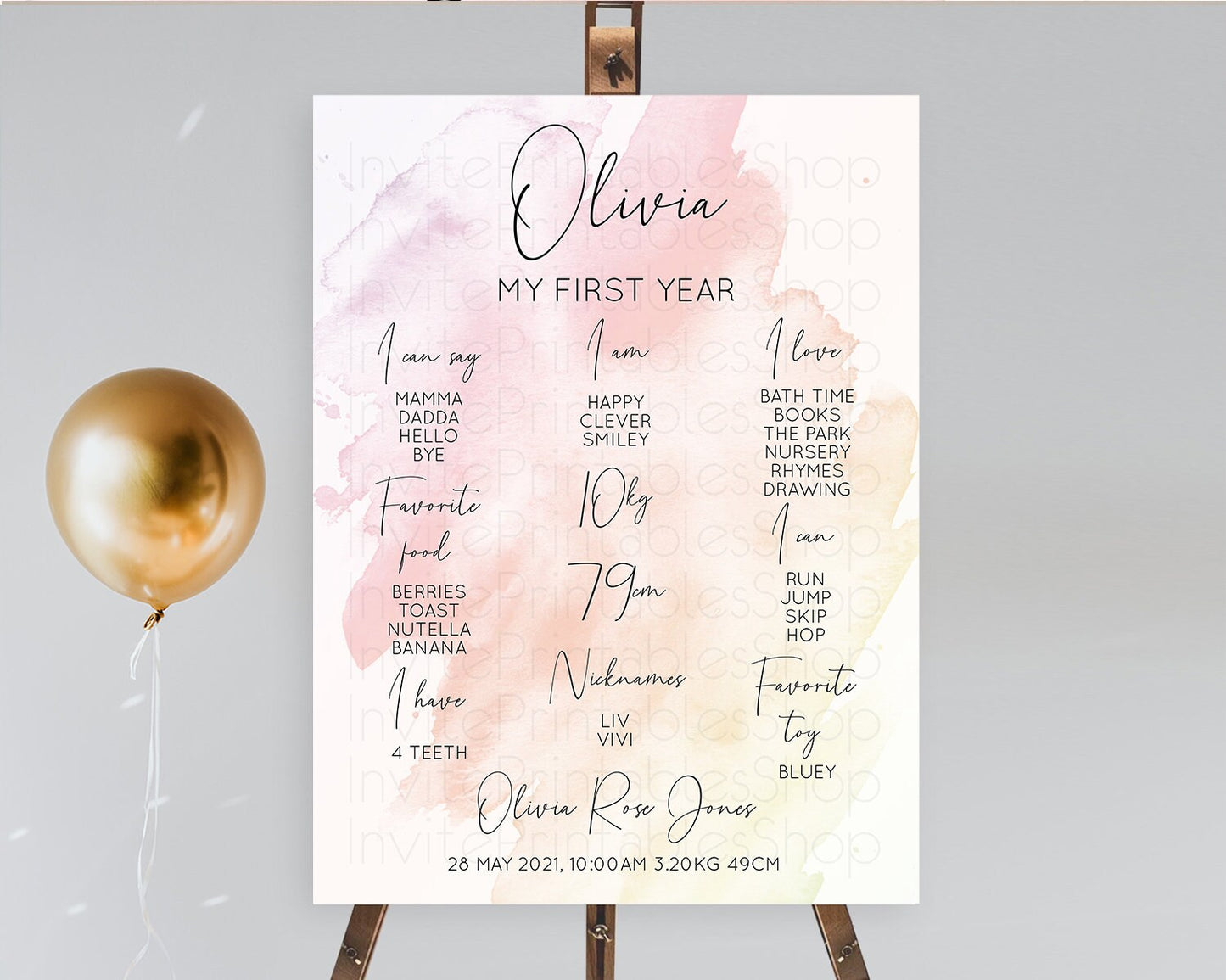 Pink First Birthday Milestone Poster Pink Watercolor Milestone Board Pastel Pink Watercolor Splash Milestone Board 1st Birthday D10164