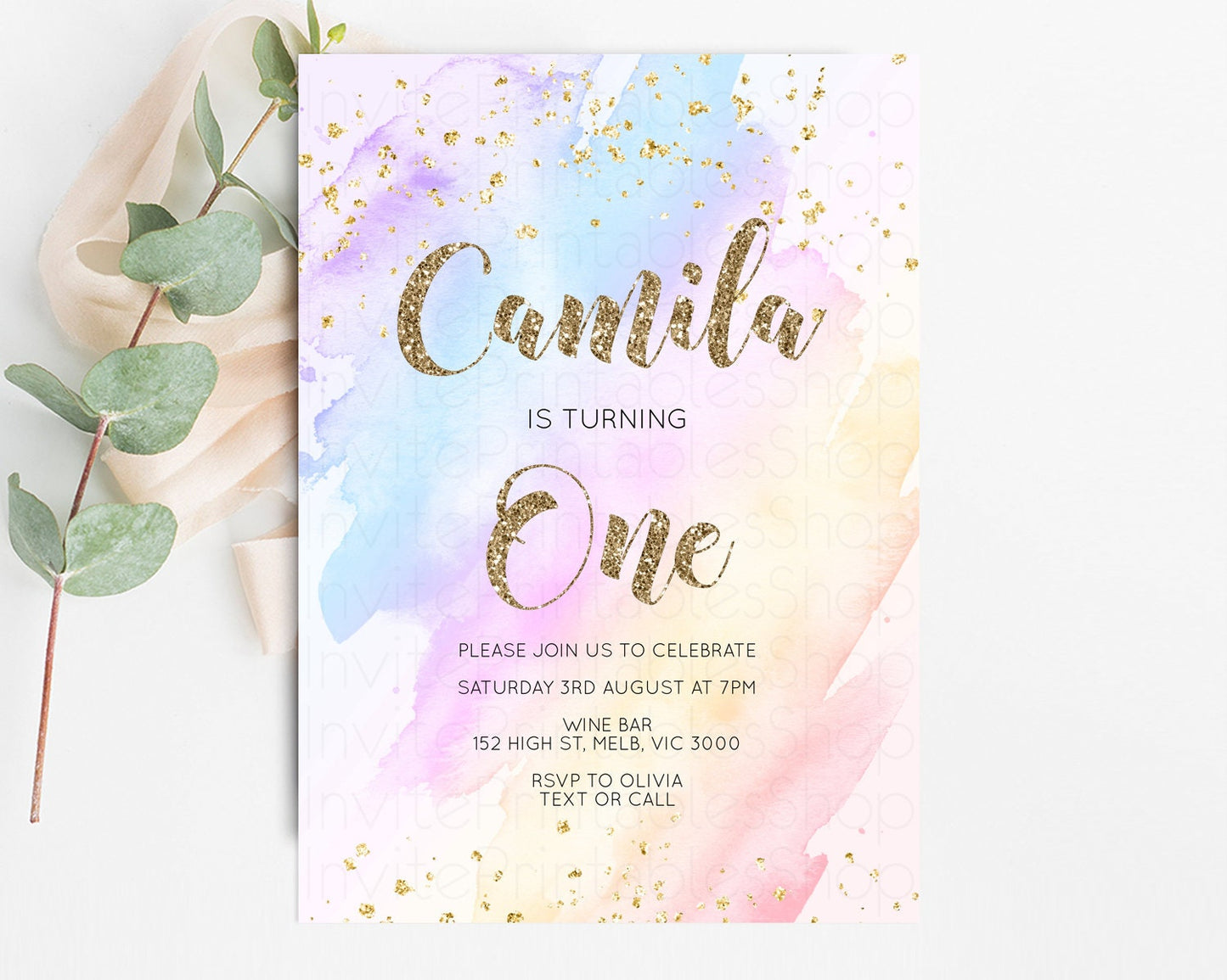 Rainbow Birthday Invitation Glitter Pastel Invitation Colorful Watercolor Gold Foil Splatter Sprinkle Ombre 1st 2nd 3rd Birthday Invite g600