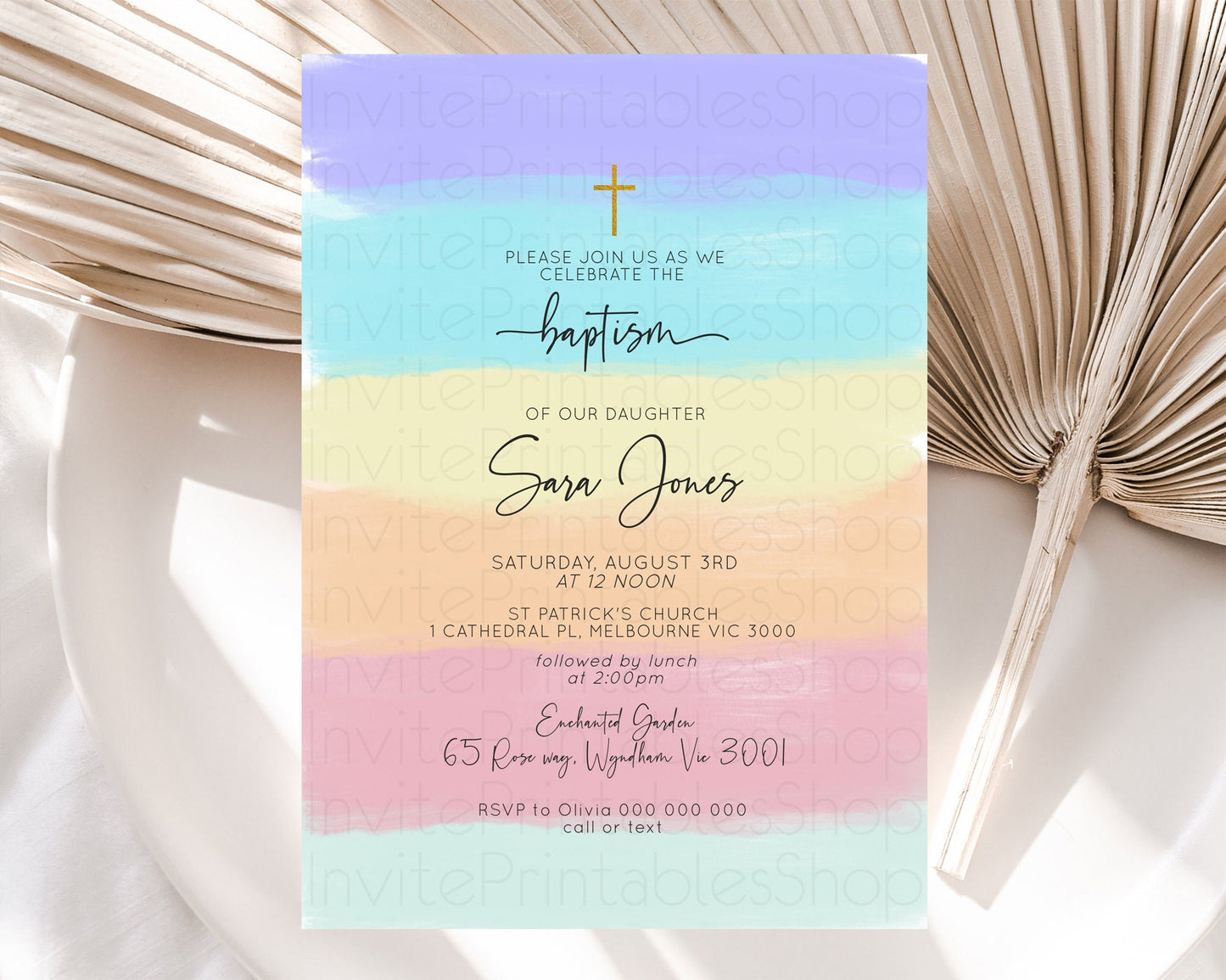 Pastel Baptism Invitation Pastel Colors Watercolor Baptism 1st Birthday Party Gold Ombre Pastel Rainbow Christening Holy Communion D10510