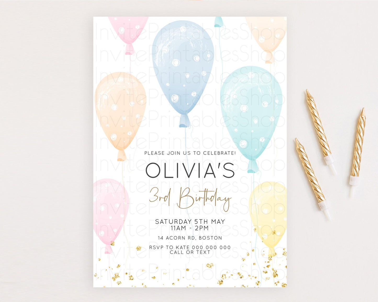 Pastel Balloon Birthday Invitation Rainbow Colorful Glitter Sprinkles Confetti Watercolor Balloons Pink Blue Green Yellow Editable D10776