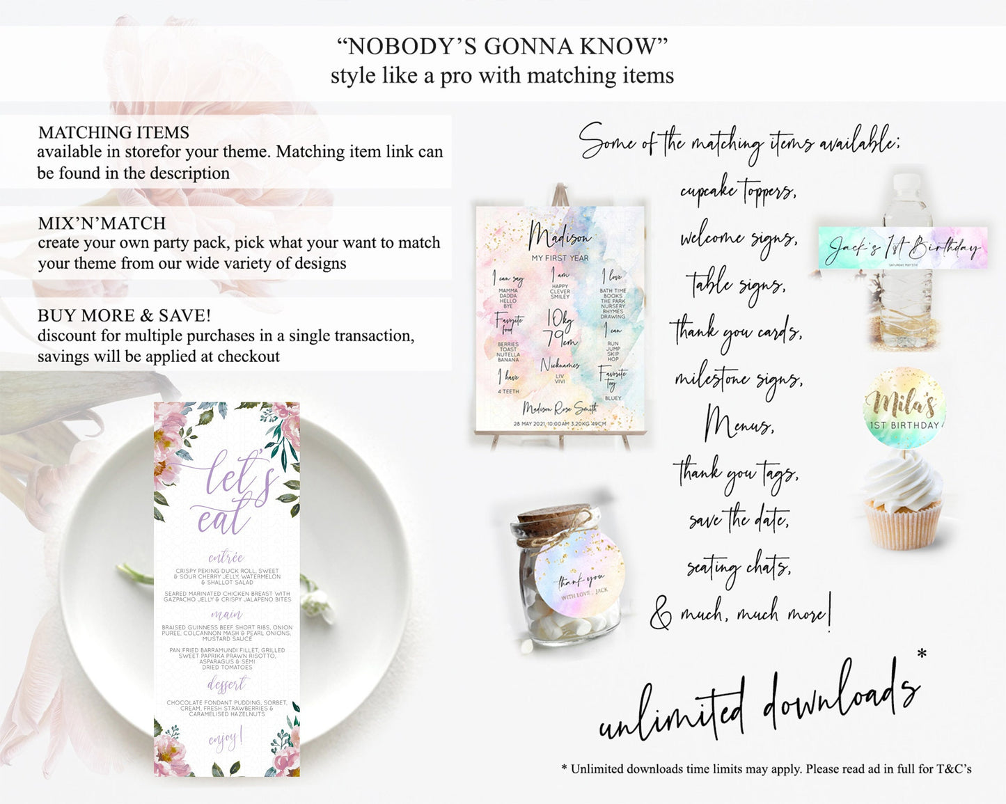 Secret Garden Menu Wildflower Menu Template Pastel Flower Garden Table Decor Boho Floral Dinner Dessert Floral Party Food Menu D10729