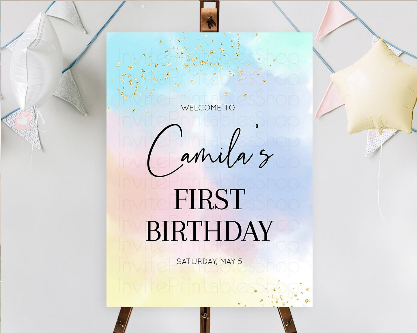 Pastel Welcome Sign Pastel Rainbow Welcome Sign Colorful Rainbow Confetti Watercolor Glitter Pastel First Birthday Welcome Sign D10368