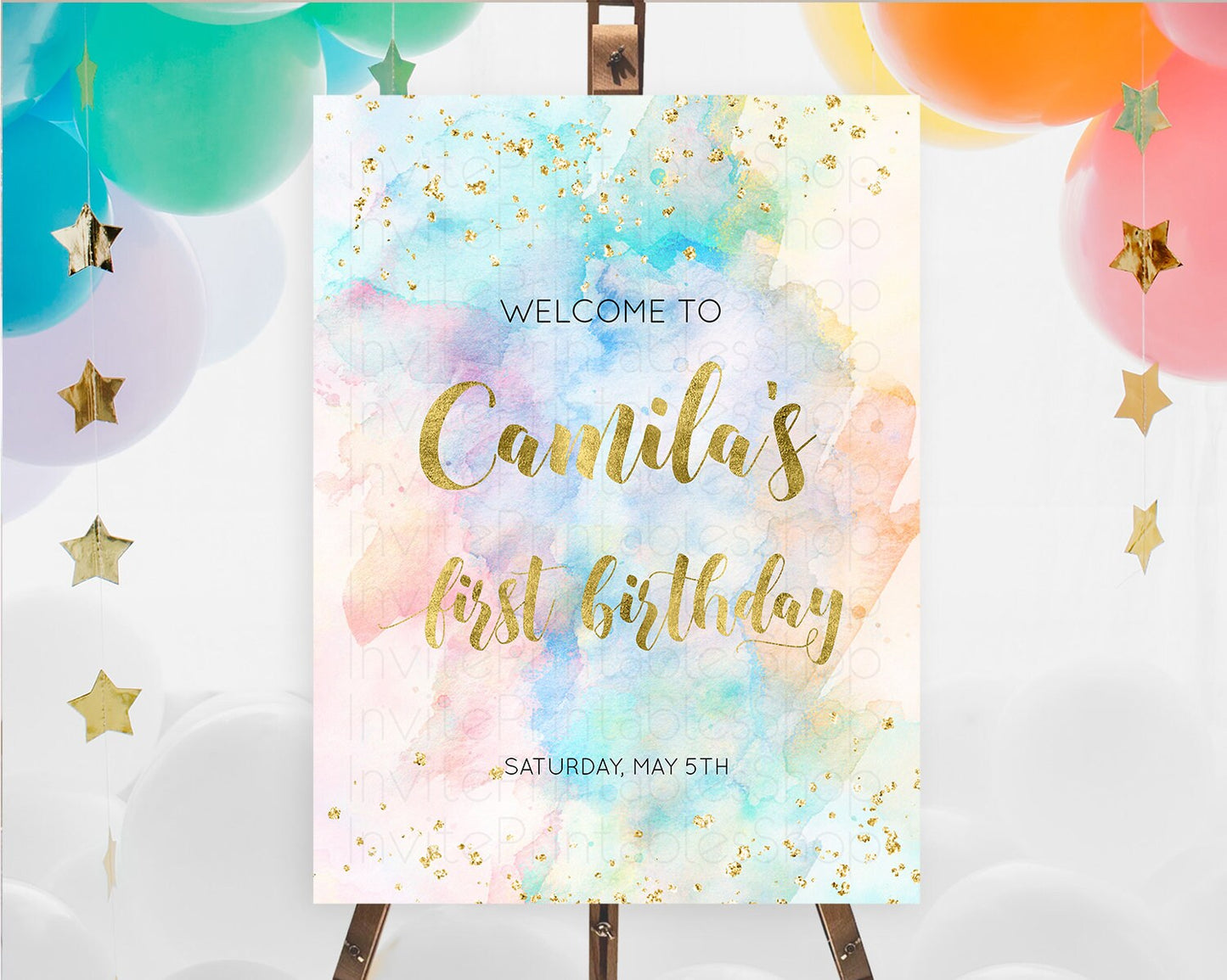 Pastel Welcome Sign Pastel Rainbow Welcome Sign Colorful Rainbow Confetti Watercolor Glitter Pastel First Birthday Welcome Sign D10272