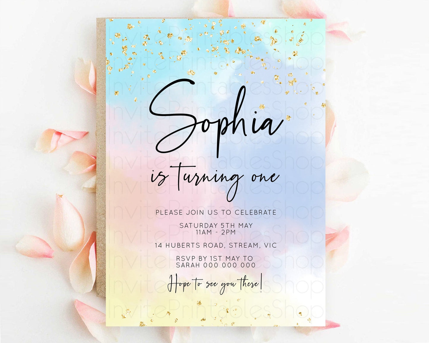 Rainbow Birthday Invitation Colorful Pastel Watercolor Invitation Gold Glitter Sprinkles Ombre Pastel 1st 2nd 3rd Birthday D10368