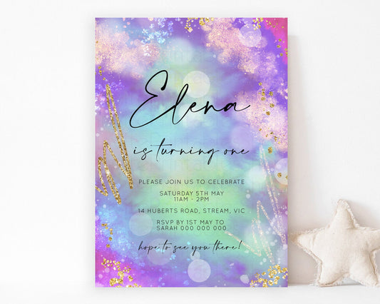 Rainbow Birthday Invitation Pastel Birthday Invite Ombre Watercolor Invite Enchanted Theme Colorful Splash Glitter Sprinkles 1st 2nd 3rd