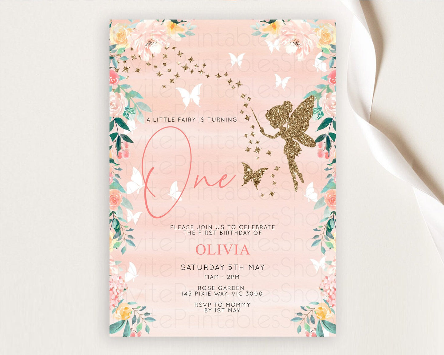 Fairy Birthday Invitation Fairy Invites Fairy Tea Party Fairy Garden Birthday Secret Garden Enchanted Garden Pastel Floral Butterfly D10792