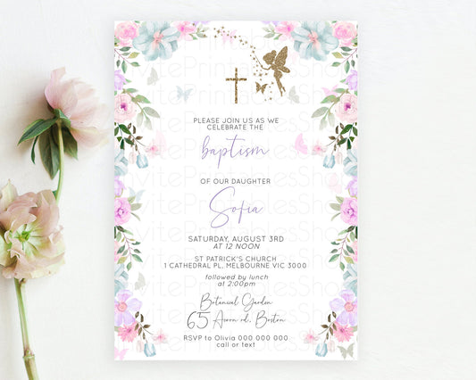 Fairy Baptism Invitation Fairy Baptism 1st Birthday Invitation Enchanted Secret Garden Christening Invite Pastel Floral Butterfly D10475