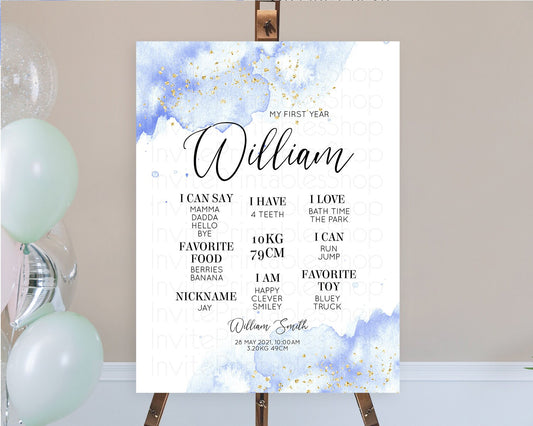 Blue First Birthday Milestone Poster Blue Watercolor Milestone Board Pastel Blue Watercolor Splash Milestone Board 1st Birthday Sign D10313