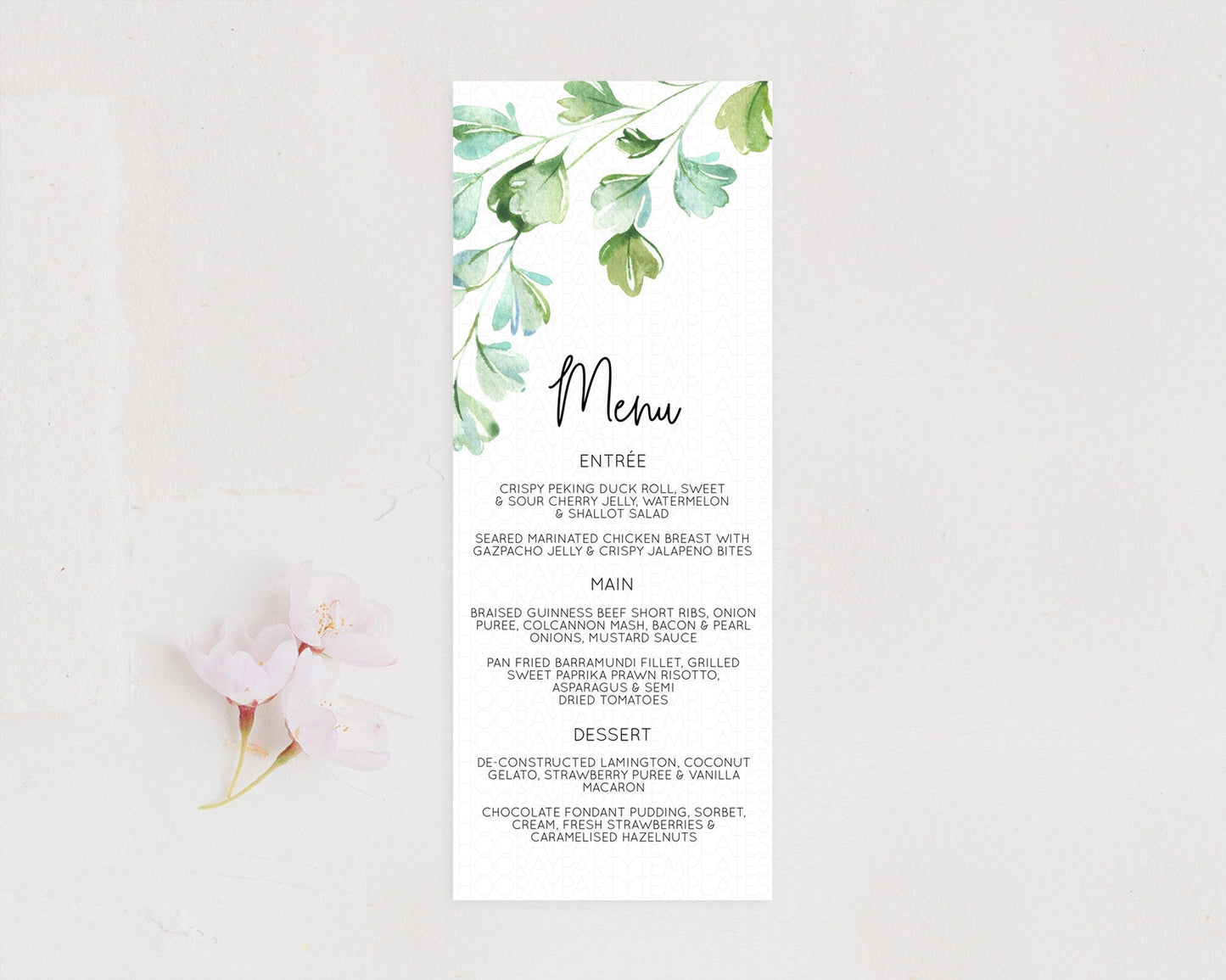 Leafy Menu Green Leaf Menu Template Eucalyptus Fern Leaves Decor Watercolor Boho Garden Leaf Branch Dinner Dessert Party Food Menu D11057