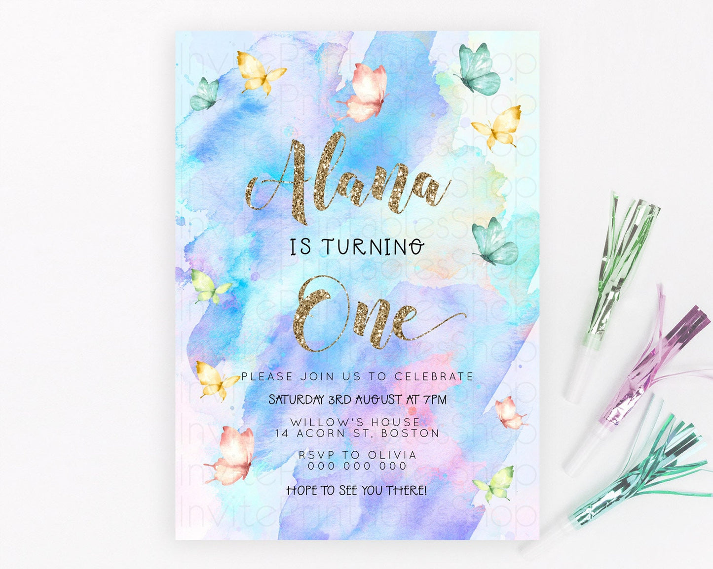 Pastel Butterfly Birthday Invitation Butterfly Birthday Invitation Colorful Splash Glitter Butterfly Garden 1st 2nd Birthday D23245