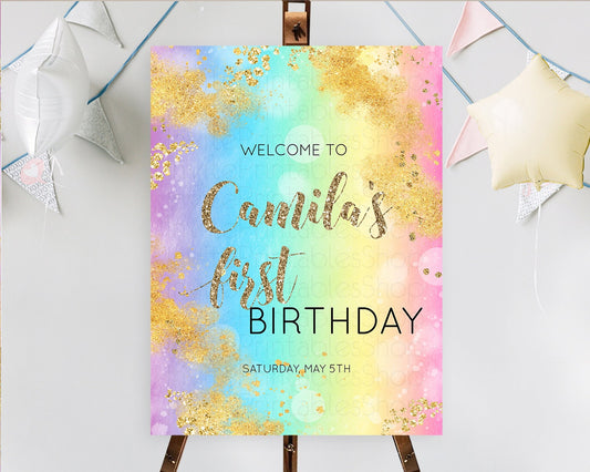 Pastel Welcome Sign Pastel Rainbow Welcome Sign Colorful Rainbow Confetti Watercolor Glitter Pastel First Birthday Welcome Sign D10561