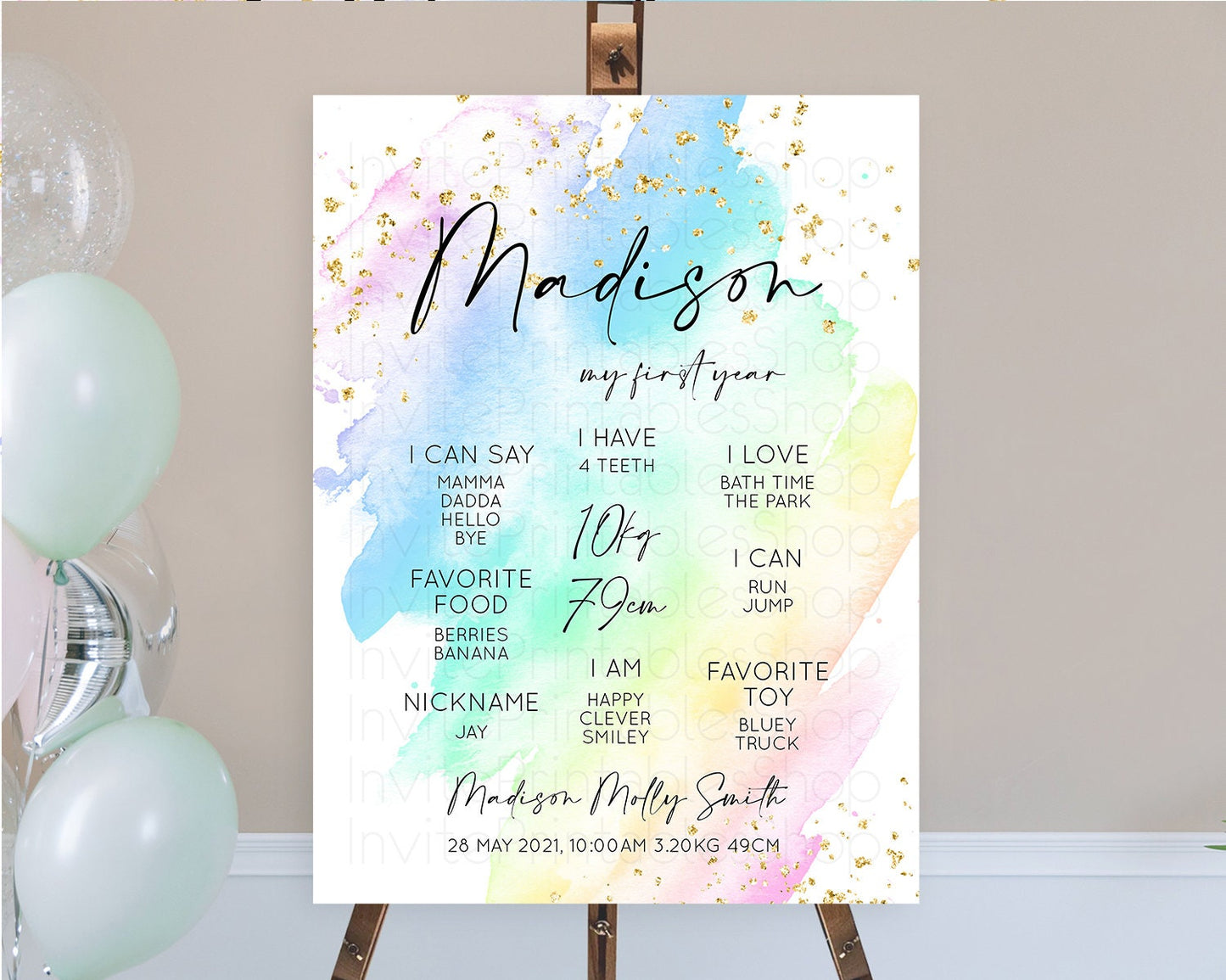 Pastel First Birthday Milestone Board Pastel Rainbow Milestone Poster Colorful Confetti Watercolor Glitter 1st Birthday Welcome Sign D10640