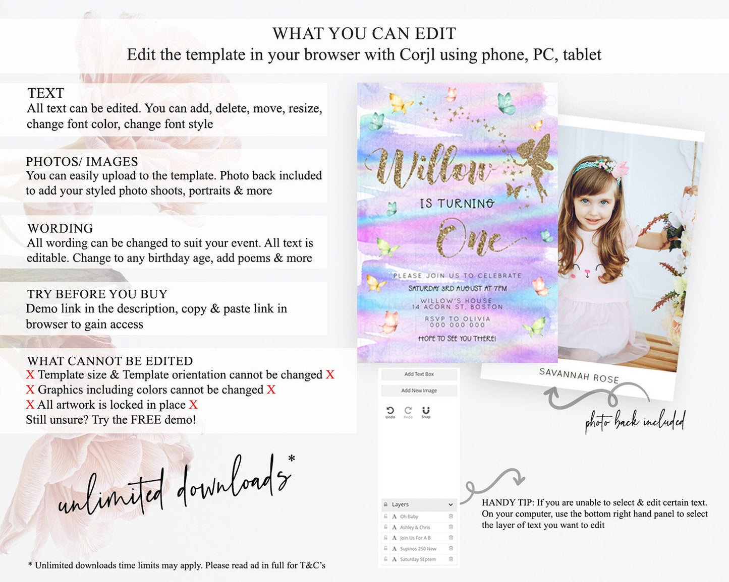 Pastel Fairy Birthday Invitation Pastel Butterflies Fairy Birthday Invitation Rainbow Ombre Watercolor 1st 2nd Birthday Invitation D23309