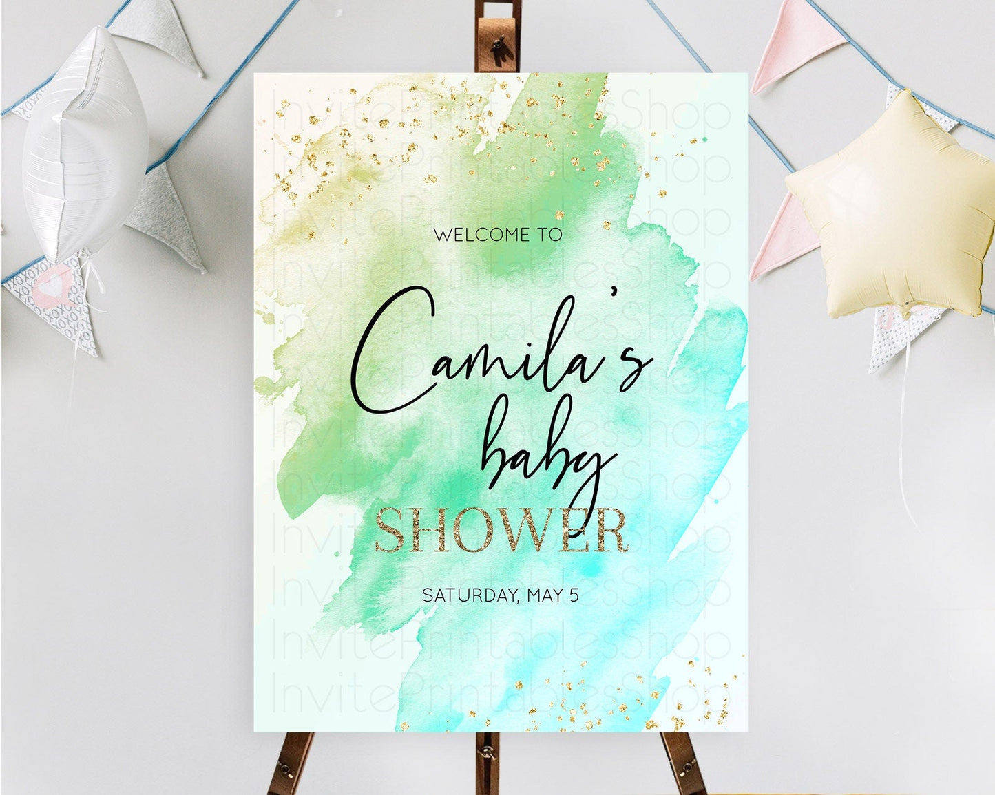 Green Baby Shower Welcome Sign Green Watercolor Welcome Board Pastel Green Party Decor Splash Welcome Poster Green Welcome Board D10170