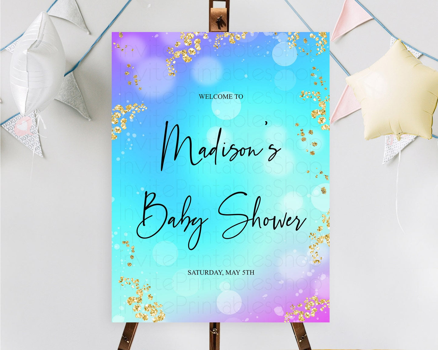 Editable Mermaid Baby Shower Welcome Sign Mermaid Welcome Board Rainbow Fish
