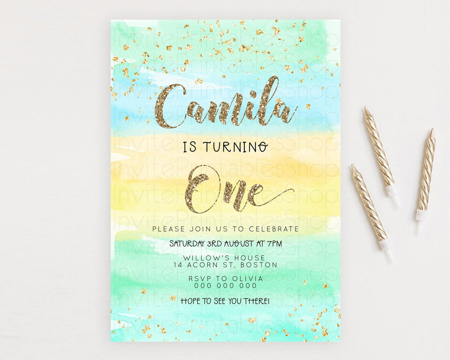Rainbow Birthday Invitation Colorful Pastel Watercolor Invitation Gold Glitter Sprinkles Ombre Pastel 1st 2nd 3rd Birthday D23269
