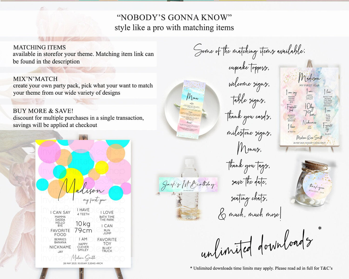 Pastel First Birthday Milestone Poster Pastel Rainbow Confetti First Birthday Milestone Board Colorful Bubbles Birthday Welcome Sign D10896
