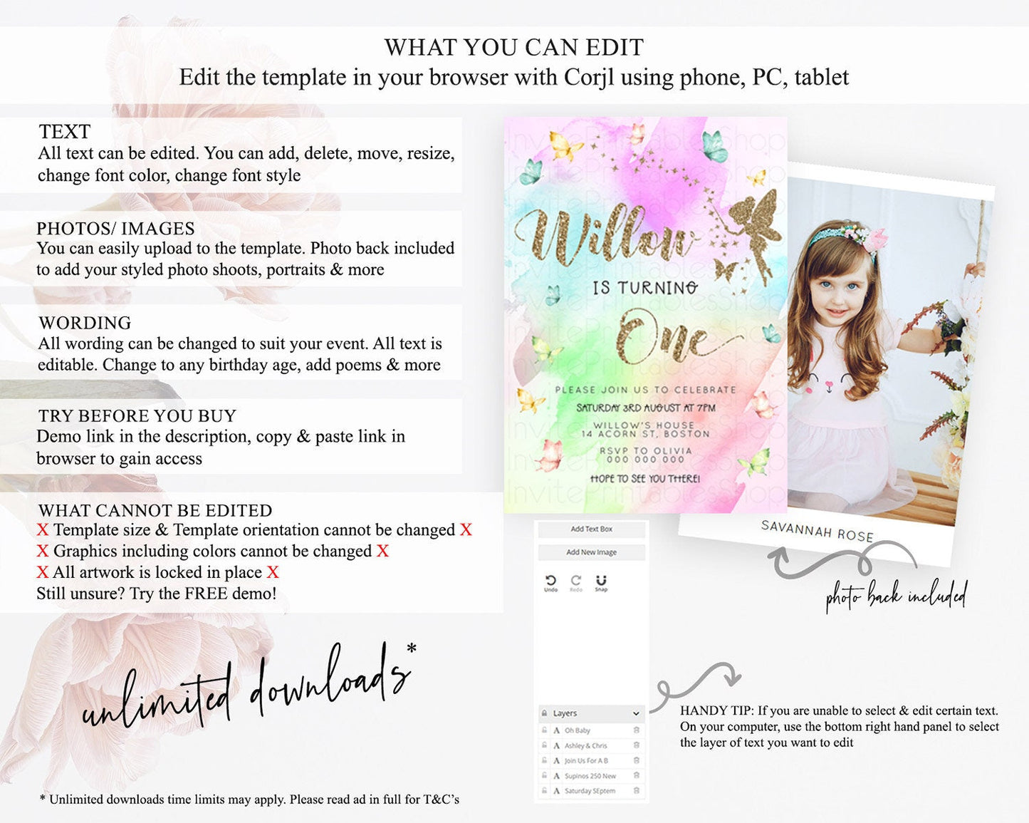 Pastel Fairy Birthday Invitation Pastel Butterflies Fairy Birthday Invitation Rainbow Ombre Watercolor 1st 2nd Birthday Invitation D23350