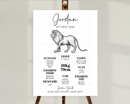 Lion First Birthday Milestone Board Lion Milestone Poster Lion Decor Safari Adventure Palm Leaf Lion First Birthday Welcome Sign D10246