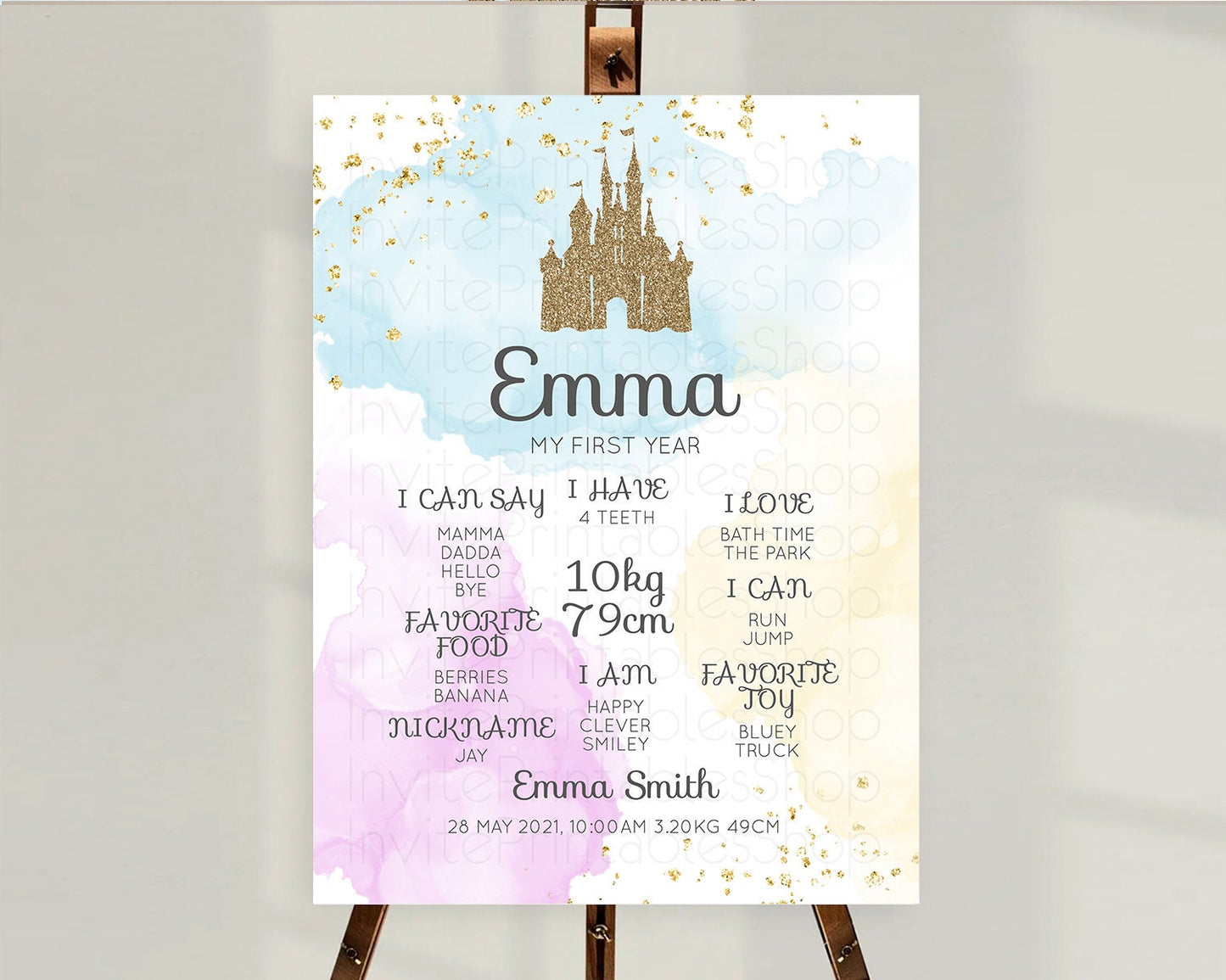 Princess First Birthday Milestone Poster Pastel Princess Milestone Board Pastel Rainbow Colorful Enchanted Castle 1st Birthday Sign D10154