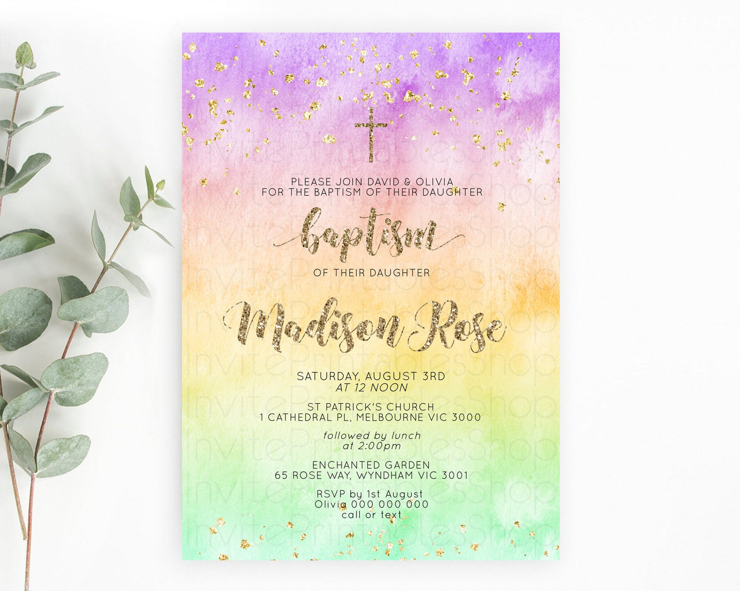 Pastel Baptism Invitation Pastel Colors Watercolor Baptism 1st Birthday Party Gold Ombre Pastel Rainbow Christening Holy Communion D10512