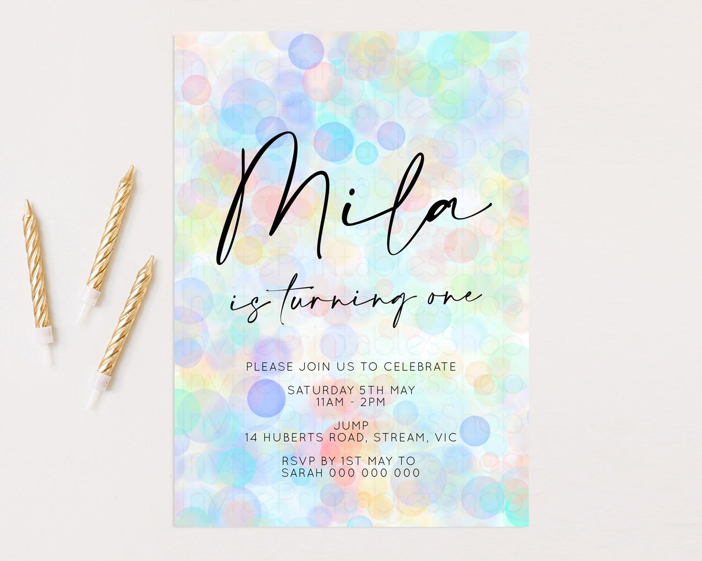 Rainbow Birthday Invitation Pastel Birthday Invitation Rainbow Confetti Invite Colorful Bubbles Invitation Rainbow Sprinkle 1st 2nd 3rd T500