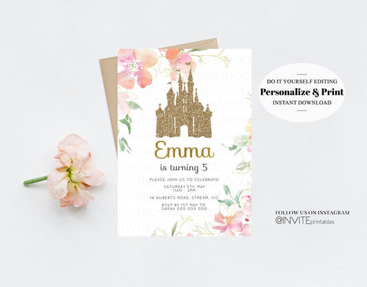 Princess Birthday Invitation Royal Castle Gold Glitter Enchanted Castle Floral Garden Pastel Pink Printable Editable Invite