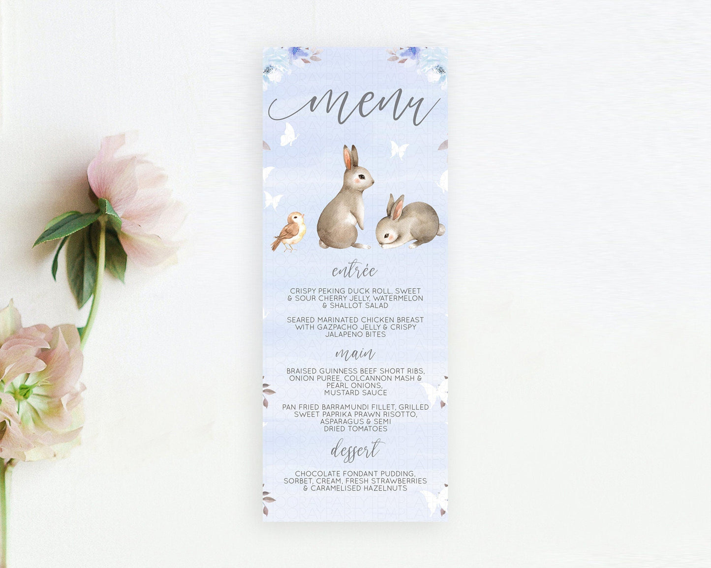 Bunny Menu Floral Bunny Menu Template Pastel Flowers Bunny Table Decor Secret Garden Bunny Dinner Dessert Menu Party Food Menu D10923