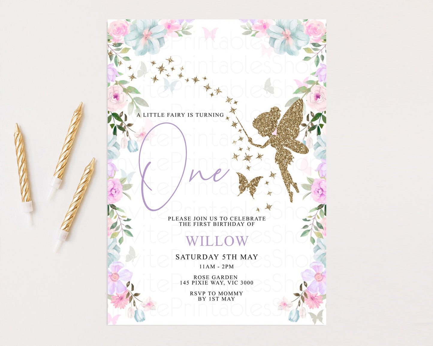 Fairy Birthday Invitation Glitter Fairy Invitation Enchanted Garden Invite Secret Garden Pastel Floral Invite Butterfly 1st 2nd 3rd 513V3