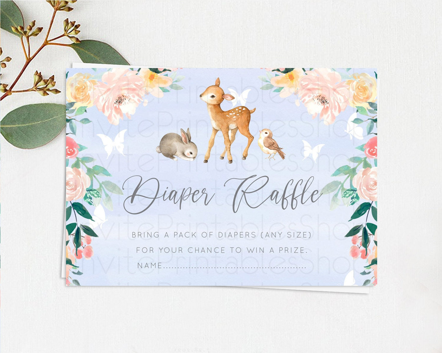 Fawn Diaper Raffle Card Deer Diaper Insert Floral Deer Diaper Ticket Enchanted Forest Butterfly Pastel Baby Shower Raffle Game D10920