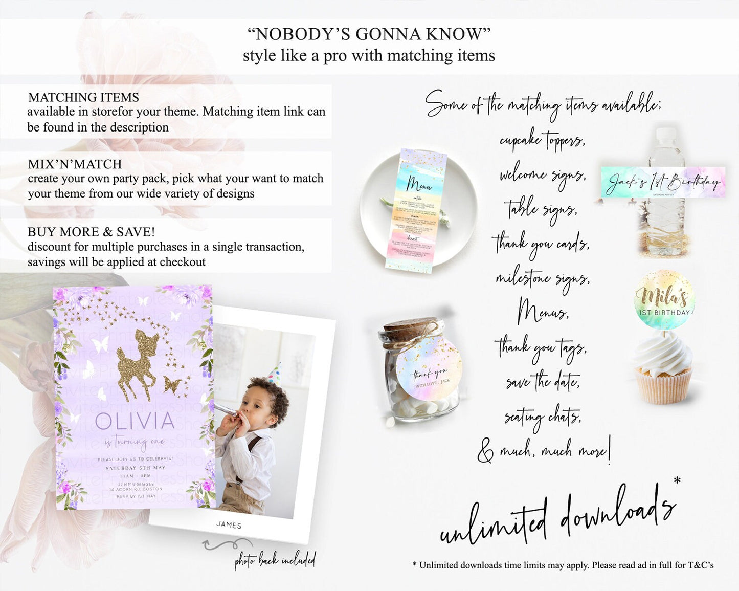 Fawn Birthday Invitation Deer Birthday Invitation Enchanted Forest Party Butterfly Pastel Flowers Whimsical 2nd 1st First Birthday D10963