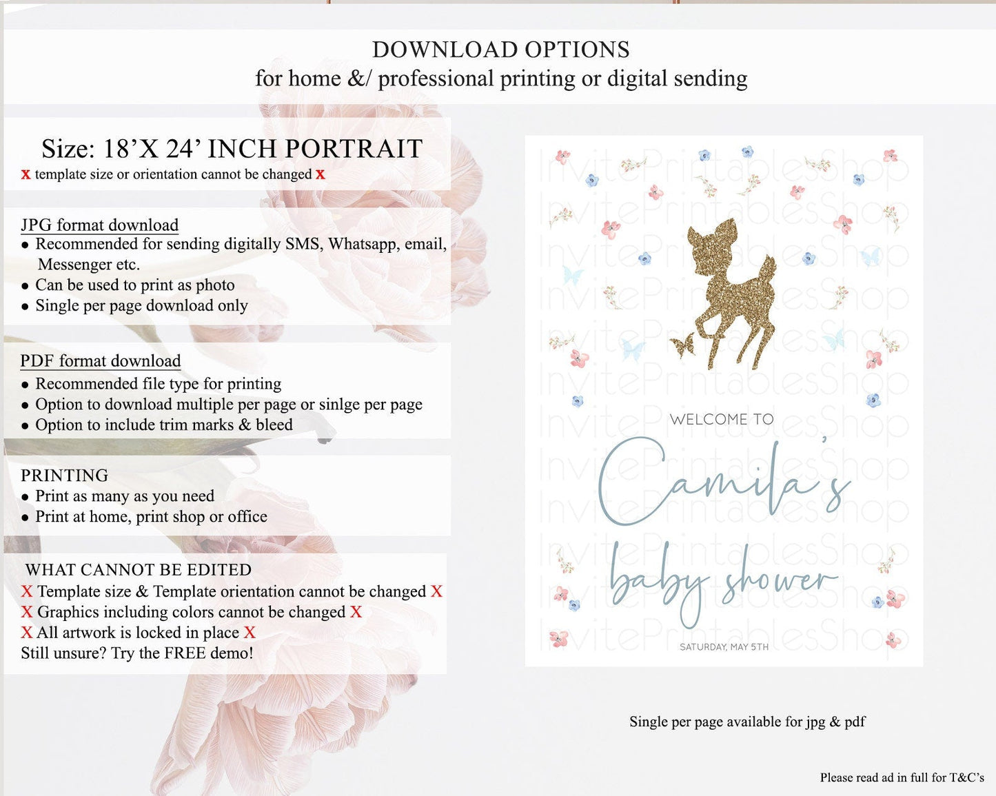Fawn Baby Shower Welcome Sign Deer Welcome Board Floral Deer Welcome Poster Enchanted Forest Butterfly Pastel Floral Welcome Sign D10359