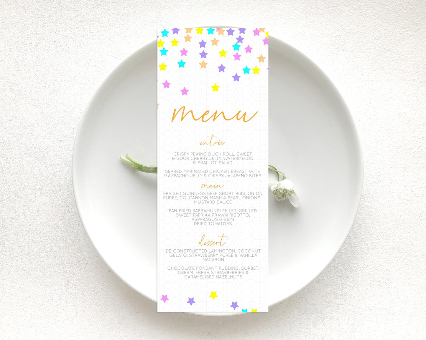 Star Menu Template Pastel Stars Menu Shooting Star Twinkle Little Star Decor Rainbow Colorful Confetti Dinner Dessert Food Menu D10397