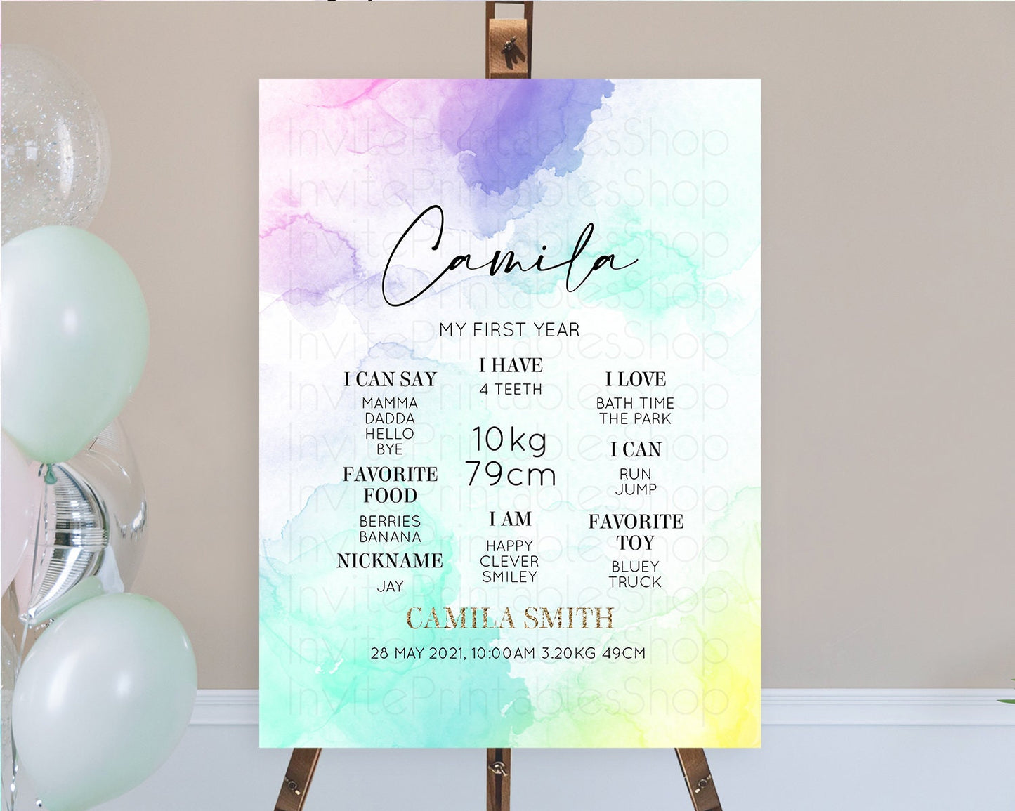 Pastel First Birthday Milestone Board Pastel Rainbow Milestone Poster Colorful Confetti Watercolor Glitter 1st Birthday Welcome Sign D10157