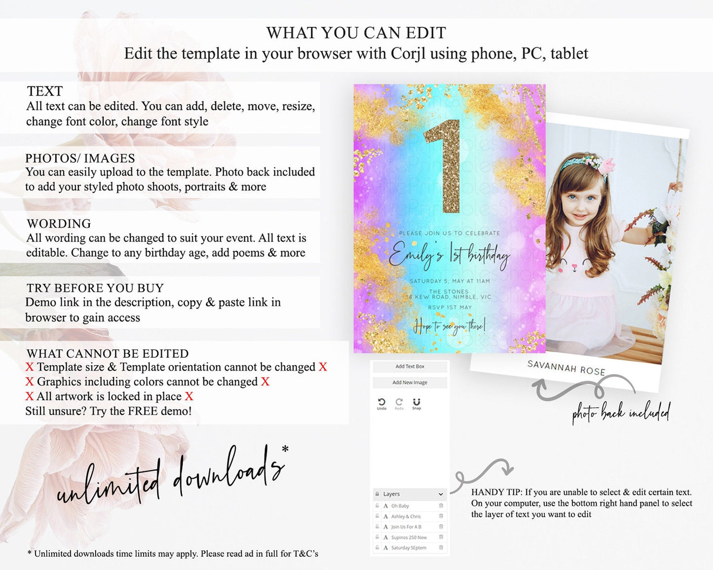 Rainbow Birthday Invitation Colorful Pastel Watercolor Invitation Gold Glitter Sprinkles Ombre Pastel 1st 2nd 3rd Birthday D10564