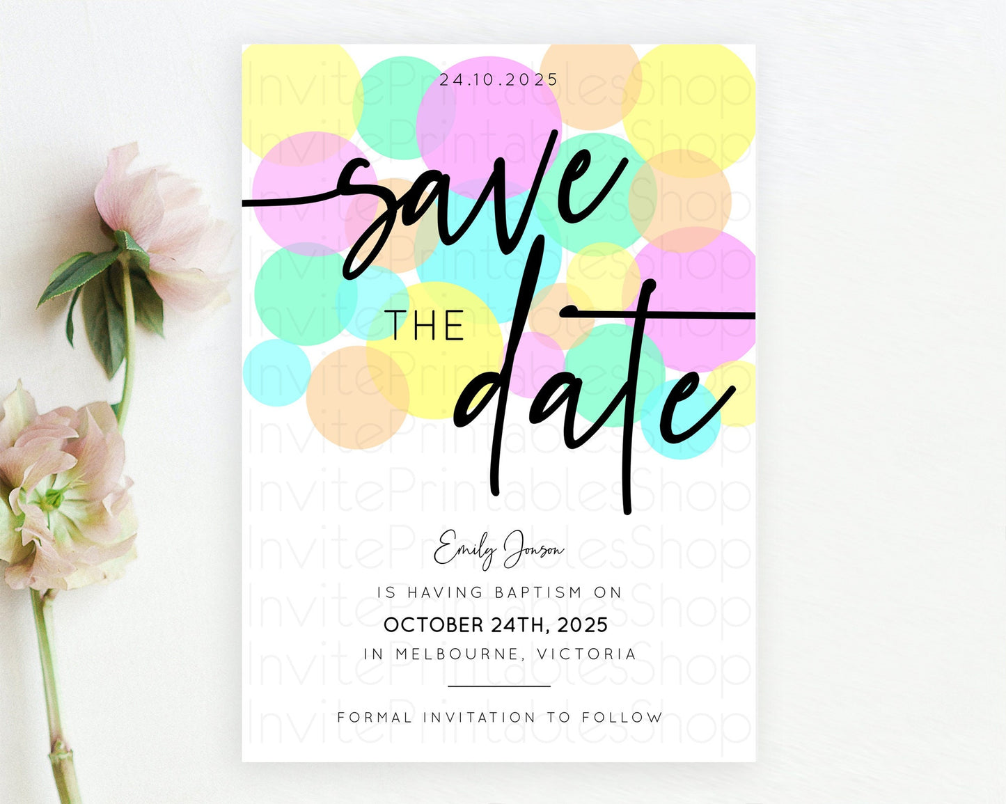 Pastel Confetti Save The Date Template Rainbow Colorful Sprinkles Party For 1st Birthday Baptism Baby Shower Wedding Bridal Shower D10410