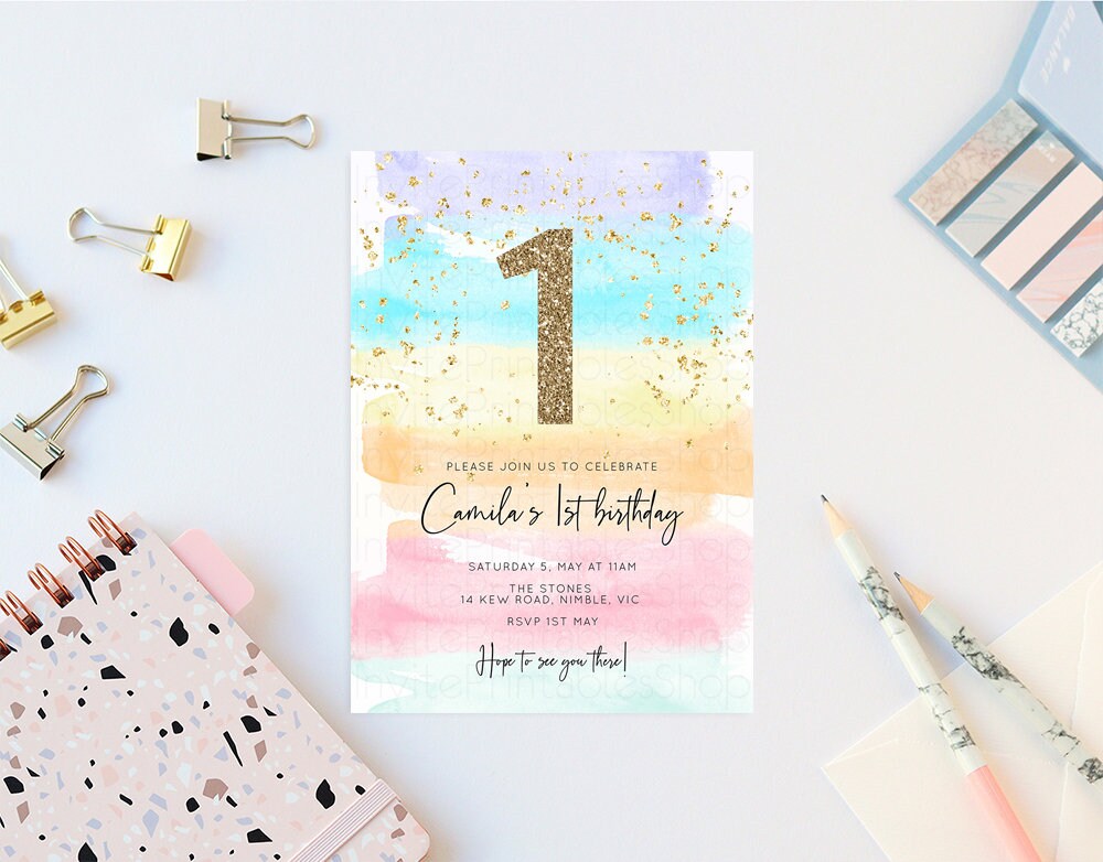 Rainbow Birthday Invitation Pastel Birthday Invitation Colorful Watercolor Invite Ombre Pastel Invitation Gold Glitter Sprinkles Invite t525