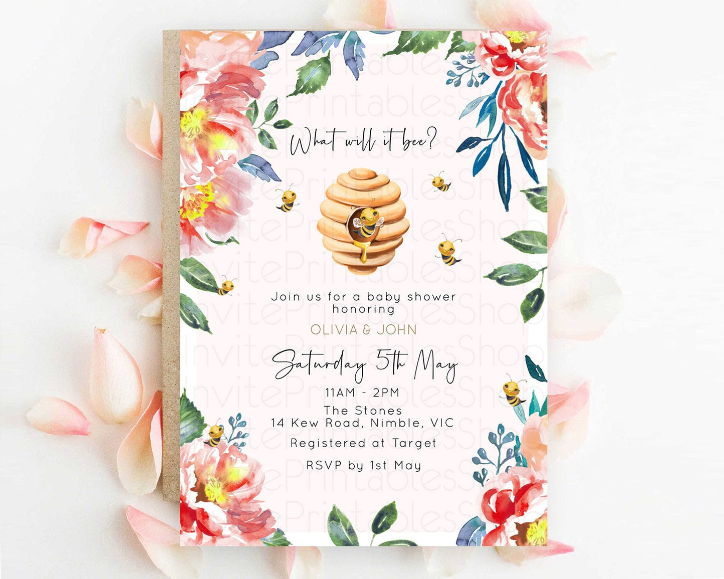 Momma Bee Baby Shower Invitation, Sweet Honey Bee, Floral Beehive, Red and Orange Flowers - Summery Yellow Bee Theme Gender Reveal D11036