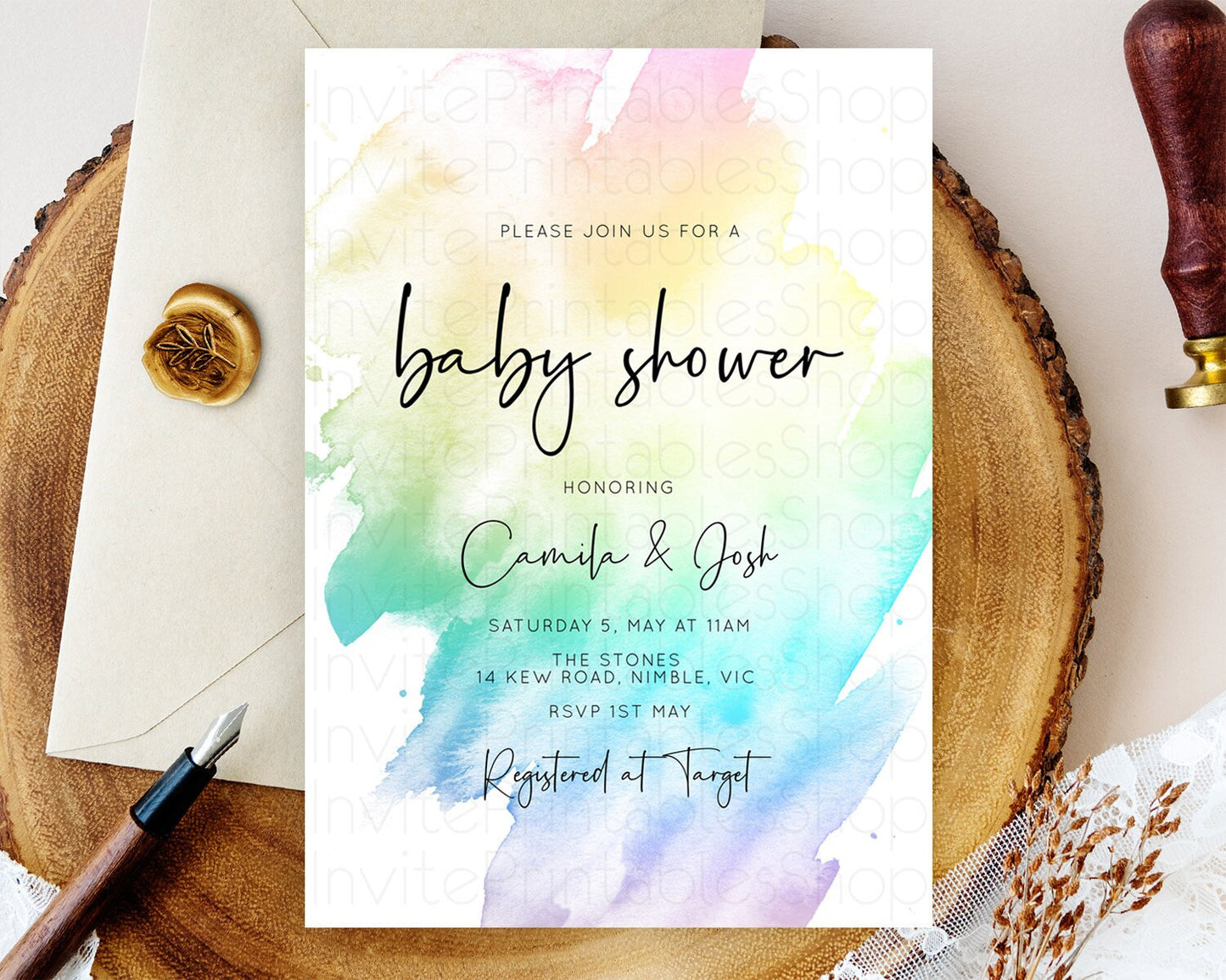 Pastel Baby Shower Invitation Rainbow Baby Shower Invitation Colorful Pastel Watercolor Invitation Gold Glitter Sprinkles Ombre D10279