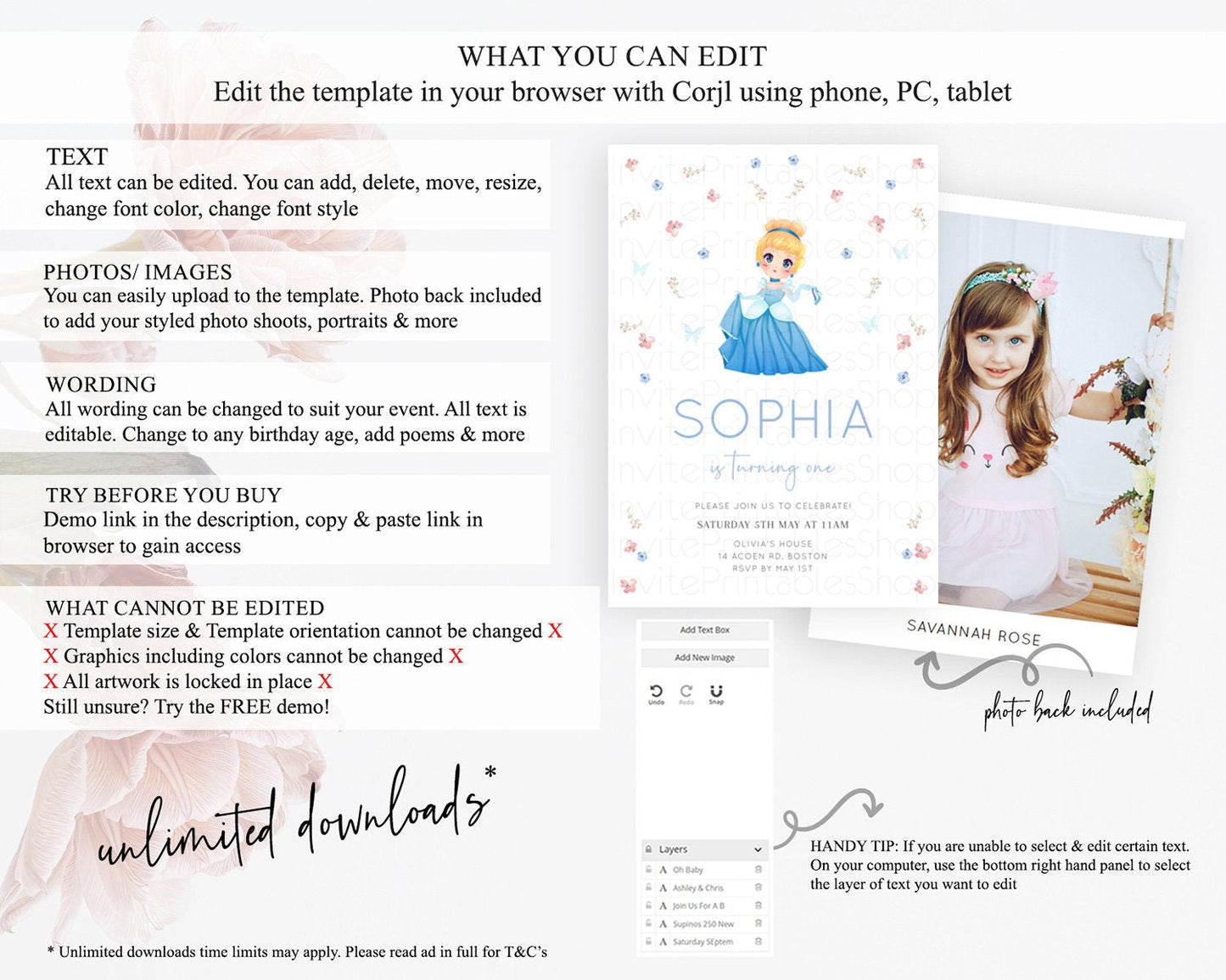 Princess Birthday Invitation Castle Invitation Royal Birthday Fairy Tale Enchanted Castle Pastel Floral Garden 1st First Birthday D10354