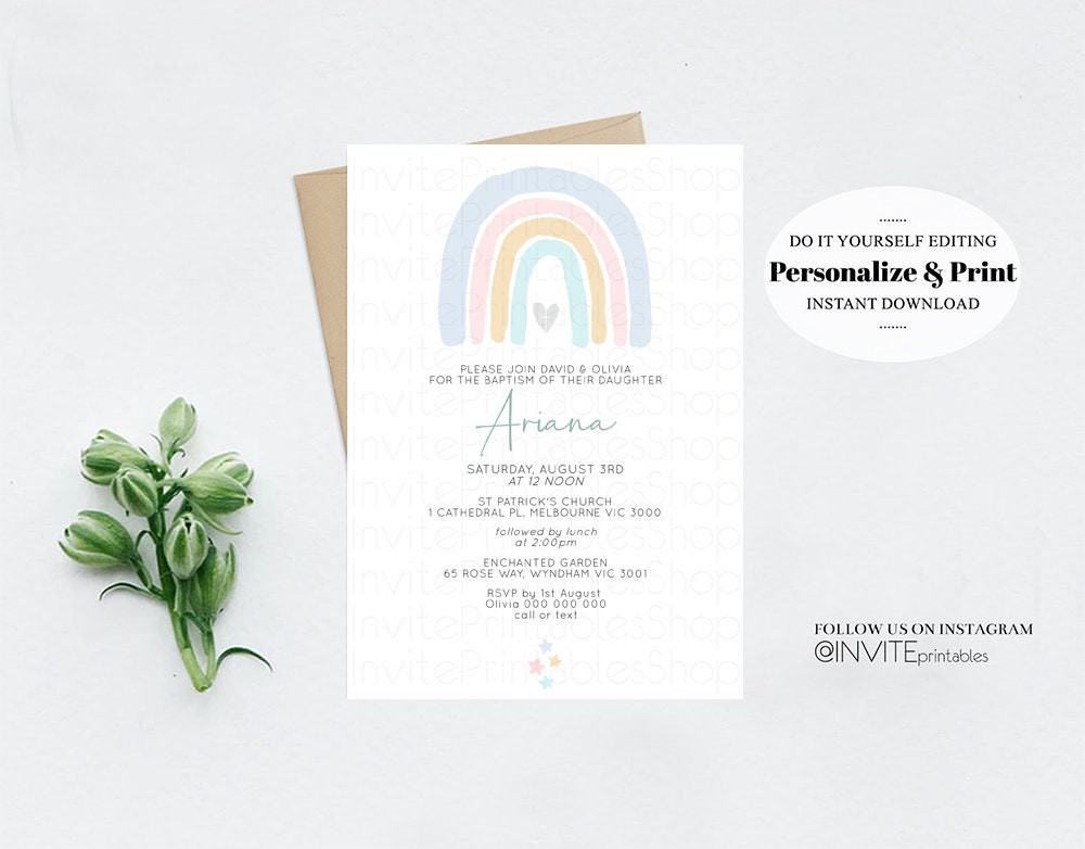 Rainbow Baptism Invitation Pastel Watercolor Christening Invitation Stars Colorful Splash Gold Foil Pastel Color Communion Orthodox Cross