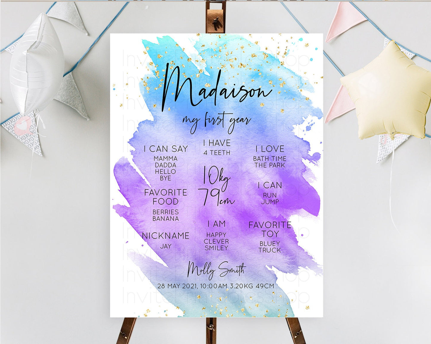 Pastel First Birthday Milestone Board Pastel Rainbow Milestone Poster Colorful Confetti Watercolor Glitter 1st Birthday Welcome Sign D10491
