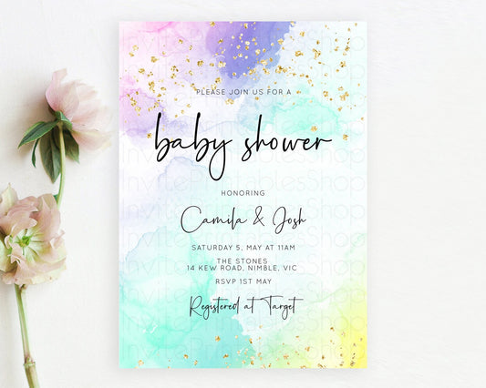 Editable Pastel Rainbow Baby Shower Invitation, Colorful Watercolor Splash,