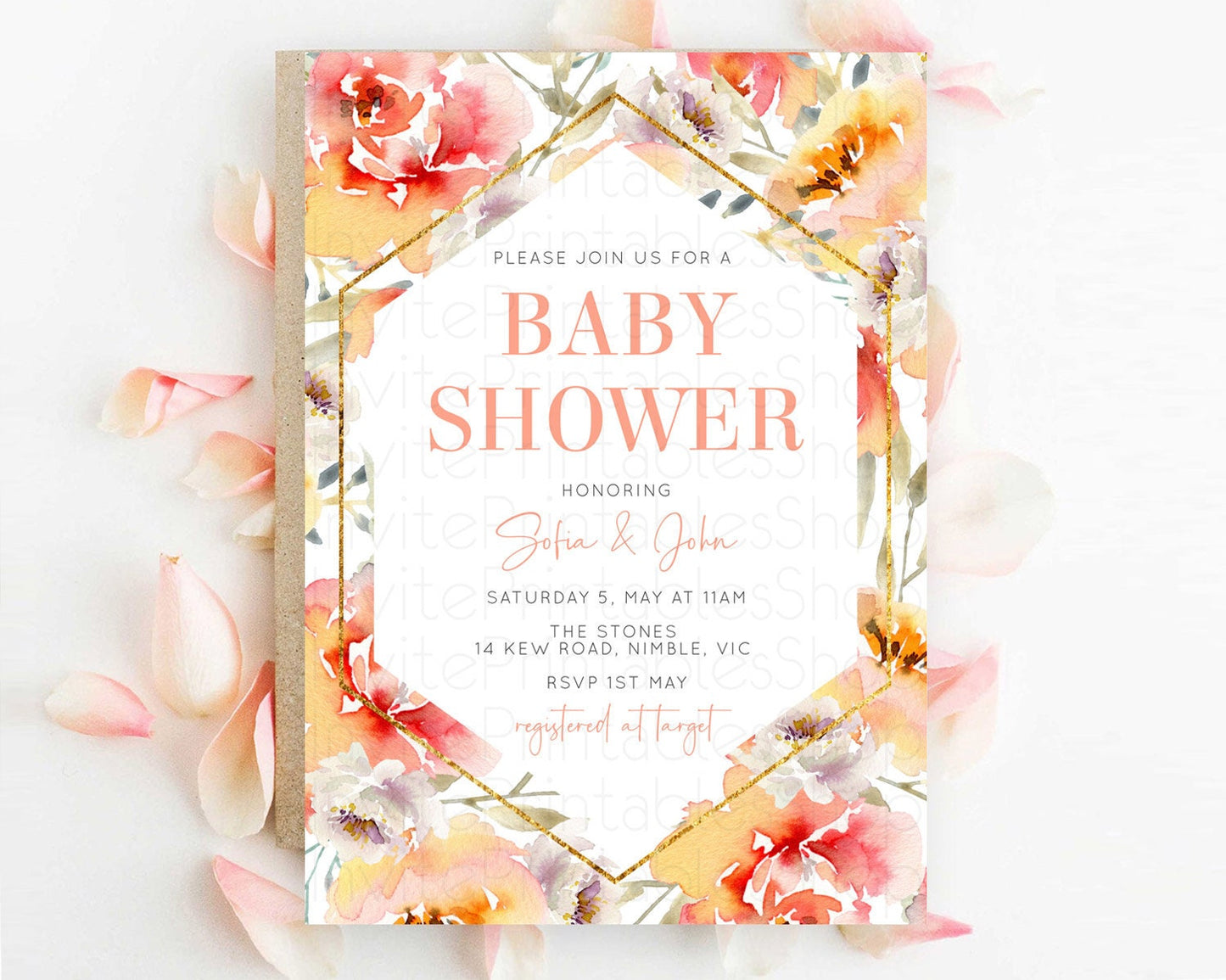 Secret Garden Baby Shower Invitation, Wildflower, Blooms, Botanical Theme, Pastel Flowers, Orange, Red Floral, Gold Accents D10791